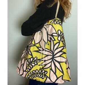 Marni Cloth Print Floral Tropical Palm Pink Yellow Tote Shoulder Bag 2010 Collab